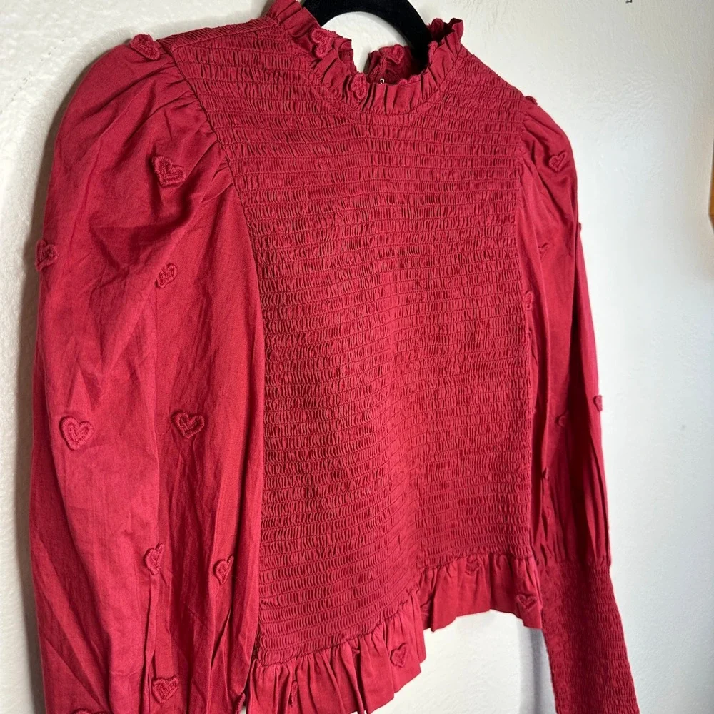FARM Rio 3D Heart Smocked Blouse Size XS Red Embroidered Puff Sleeve Ruffle‎ Top